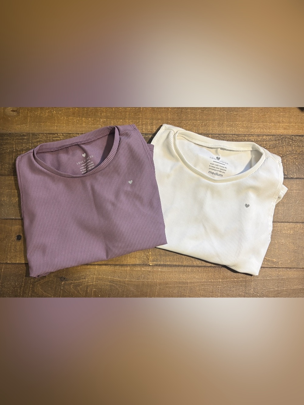 2 - Love Fitness ribbed crop tanks, purple & ivory, women’s medium